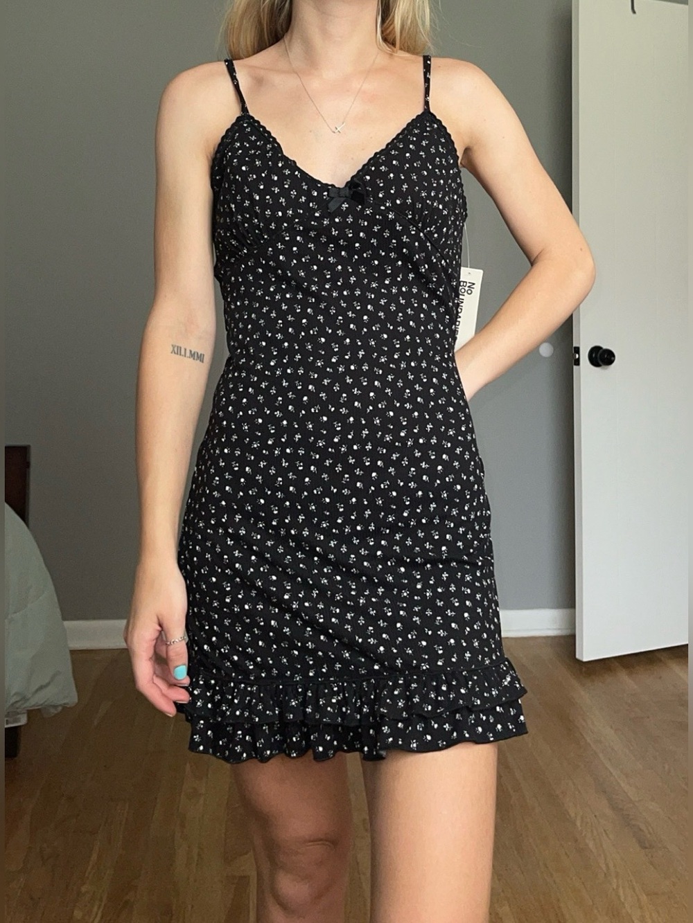 No Boundaries Black Mini Dress with White Floral Print